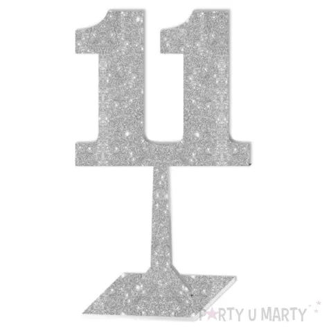 dekoracja numer na stol 11 srebrny brokat 19 cm