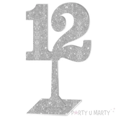 dekoracja numer na stol 12 srebrny brokat 19 cm