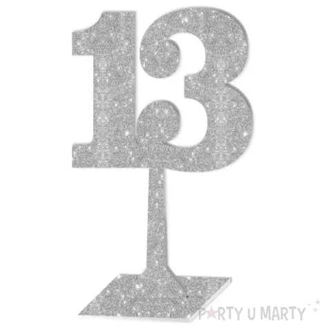 dekoracja numer na stol 13 srebrny brokat 19 cm