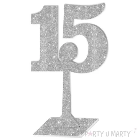 dekoracja numer na stol 15 srebrny brokat 19 cm