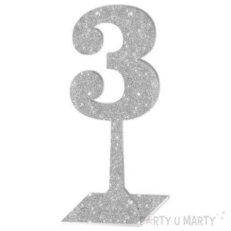 dekoracja numer na stol 3 srebrny brokat 19 cm
