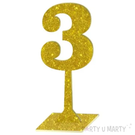 dekoracja numer na stol 3 zloty brokat 19 cm