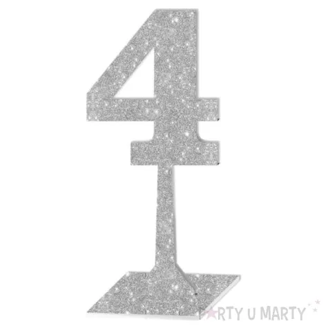 dekoracja numer na stol 4 srebrny brokat 19 cm