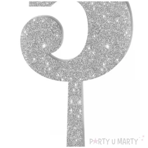 dekoracja numer na stol 5 srebrny brokat 19 cm