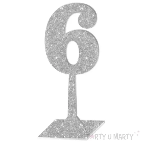 dekoracja numer na stol 6 srebrny brokat 19 cm