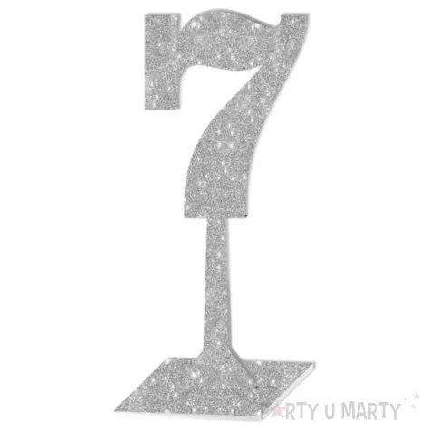 dekoracja numer na stol 7 srebrny brokat 19 cm