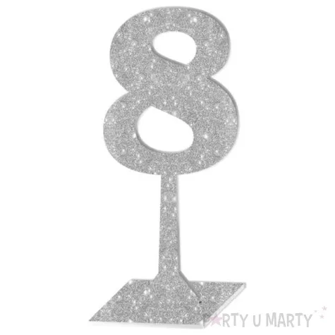 dekoracja numer na stol 8 srebrny brokat 19 cm