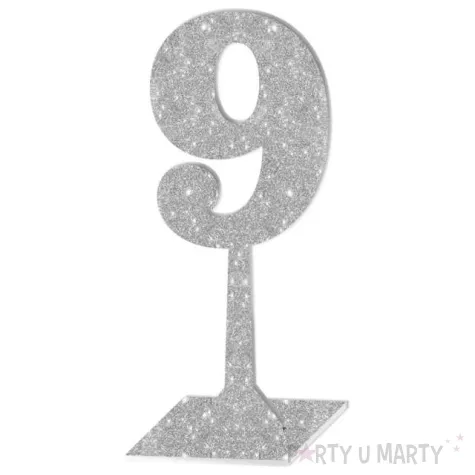 dekoracja numer na stol 9 srebrny brokat 19 cm