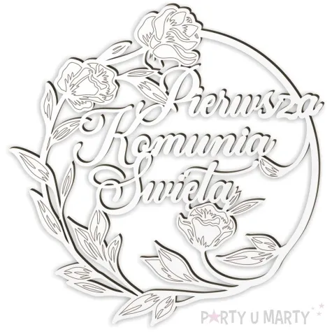 dekoracja obrecz okragla i komunia swieta z kwiatami laminowana biala 39cm