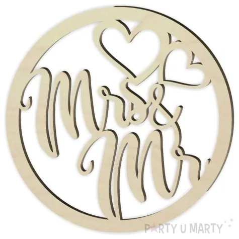 dekoracja obrecz okragla mr i mrs drewniana 40cm