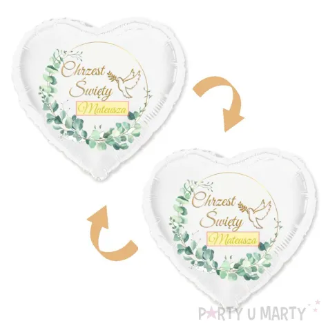 dekoracja prezent na chrzest swiety balon foliowy personalizowany serce z imieniem eukaliptus