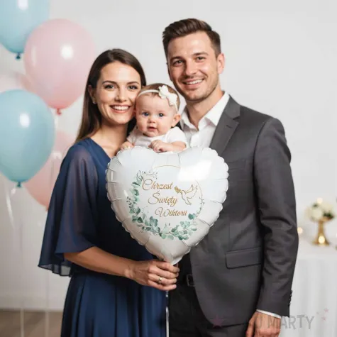 dekoracja prezent na chrzest swiety balon foliowy personalizowany serce z imieniem eukaliptus