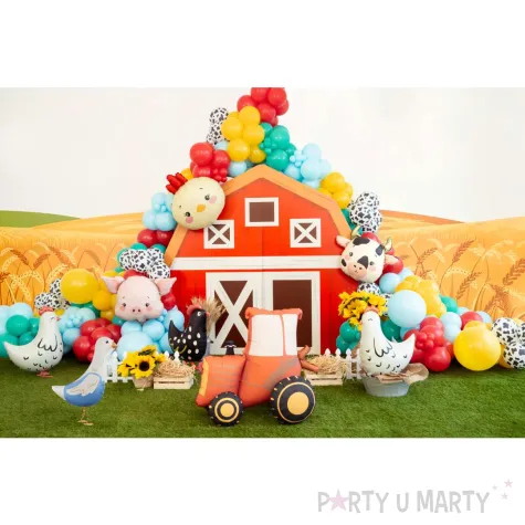 dekoracja prezent na urodziny wiejskie party stojacy balon foliowy pomaranczowy traktor farma