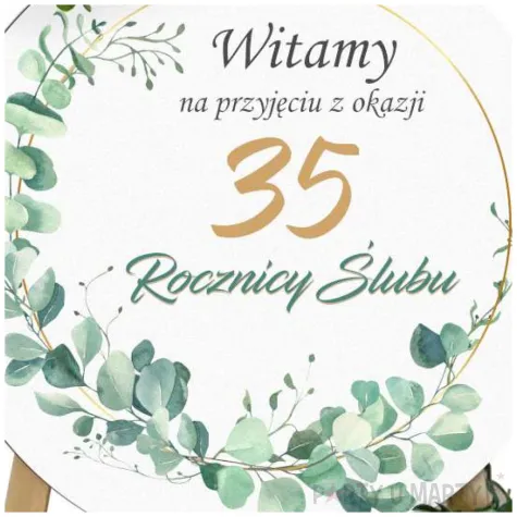 dekoracja sali na 35 rocznice slubu koralowe gody drewniana tablica powitalna eukaliptus beauty