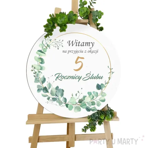 dekoracja sali na 5 rocznice slubu drwniane gody drewniana tablica powitalna eukaliptus beauty