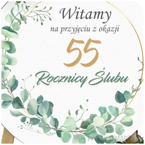dekoracja sali na 55 rocznice slubu szmaragdowe gody drewniana tablica powitalna eukaliptus beauty