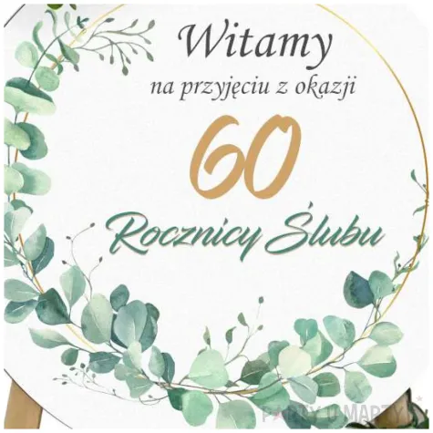 dekoracja sali na 60 rocznice slubu diamentowe gody drewniana tablica powitalna eukaliptus beaut