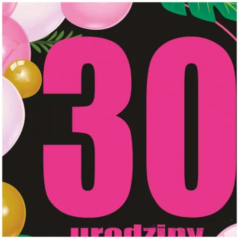 dekoracja sali na urodziny tablica powitalna liczba 30 baloniki czarno rozowa