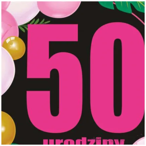 dekoracja sali na urodziny tablica powitalna liczba 50 baloniki czarno rozowa