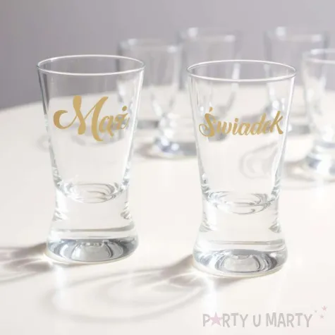 dekoracja stolu na wesele oszukane slubne kieliszki do wodki maz zona swiadek swiadkowa x4