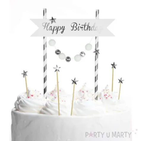 dekoracja tortu happy birthday srebrna arpex
