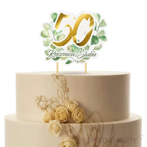 dekoracja tortu na 50 rocznice slubu topper papierowy zlote gody eukaliptus beauty 18x14 cm