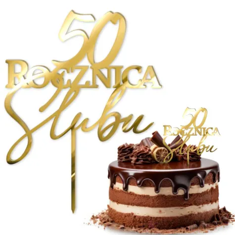 dekoracja tortu na 50 rocznice slubu topper z lustrzanej pleksy zloty 13 x 17 cm