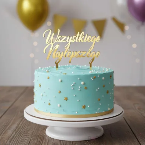 dekoracja tortu na urodziny topper akrylowy wszystkiego najlepszego zloty lustrzany 15 cm