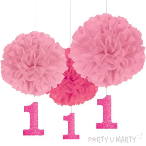 dekoracja wiszaca 1 urodziny fluffy pink amscan 3 szt