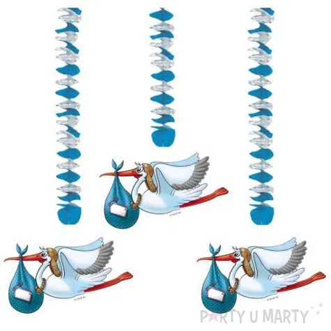 dekoracja wiszaca bocian baby shower niebieski folat 3 szt