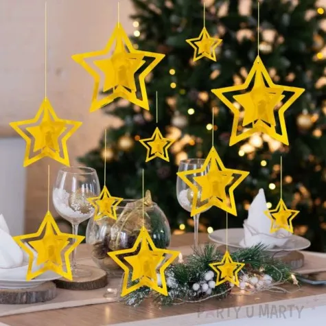 dekoracja wiszaca gwiazdki 3d zlote partypal 15 szt
