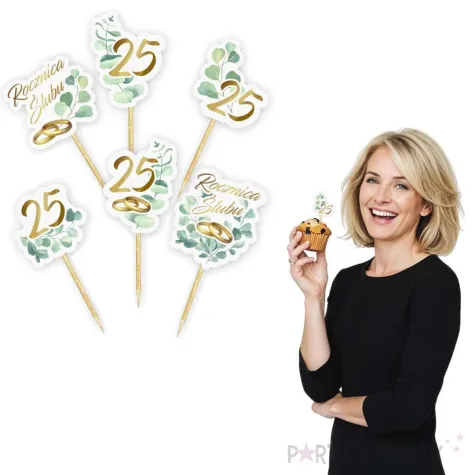 dekoracje do muffinek pikery na babeczki 25 rocznica slubu eukaliptus beauty srebrne gody x6