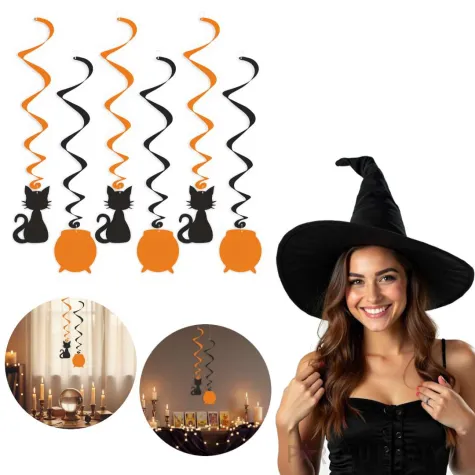 dekoracje do powieszenia na andrzejki swiderki wiszace czarny kot i kociol czarownicy 6 szt