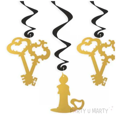 dekoracje do powieszenia na andrzejki swiderki wiszace klucz i swieca czarno zlote 6 szt