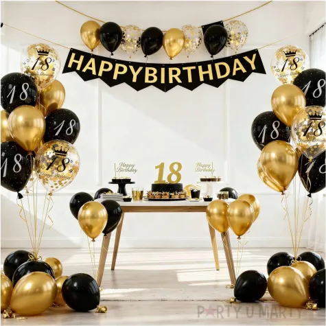 dekoracje na 18 urodziny balony happy birthday liczba 18 mix z konfetti czarno zlote 12 x6