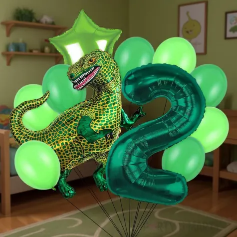 dekoracje na 2 urodziny zestaw balonow dinozaur t rex tyranozaur liczba 2 zielony 9 szt duzy