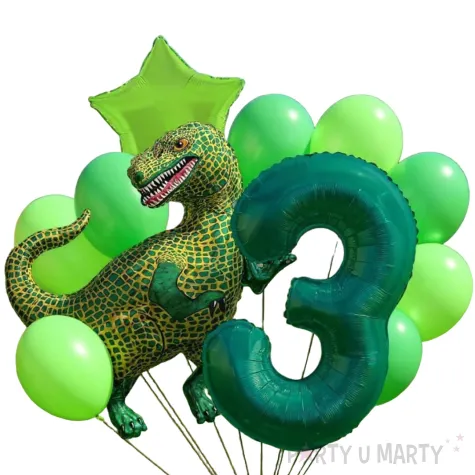 dekoracje na 3 urodziny zestaw balonow dinozaur t rex tyranozaur liczba 3 zielony 9 szt