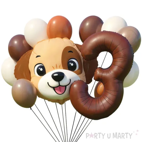dekoracje na 3 urodziny zestaw balonow piesek pies liczba 3 brazowy 12 szt duzy