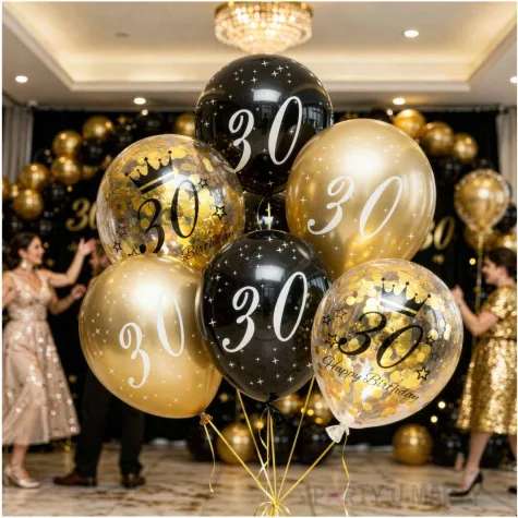 dekoracje na 30 urodziny balony z konfetti happy birthday liczba 30 czarno zlote 12 x6