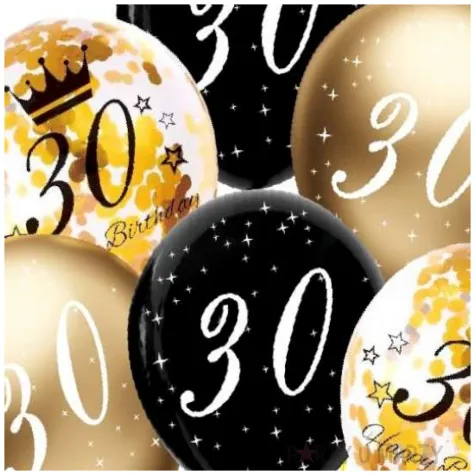 dekoracje na 30 urodziny balony z konfetti happy birthday liczba 30 czarno zlote 12 x6