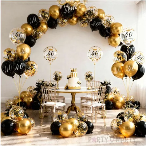 dekoracje na 40 urodziny balony z konfetti happy birthday liczba 40 czarno zlote 12 x6
