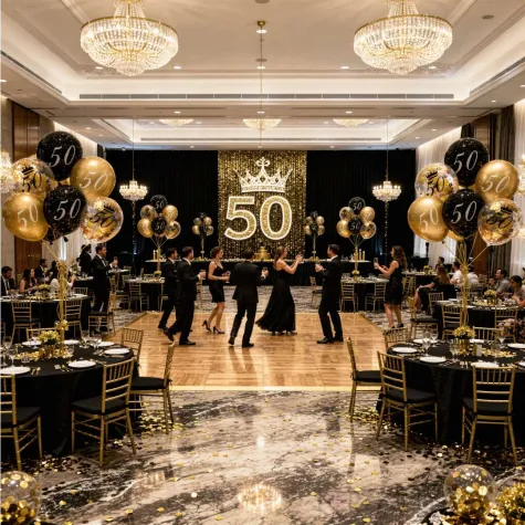dekoracje na 50 urodziny balony z konfetti happy birthday liczba 50 czarno zlote 12 x6