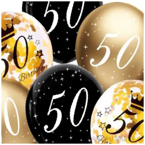 dekoracje na 50 urodziny balony z konfetti happy birthday liczba 50 czarno zlote 12 x6