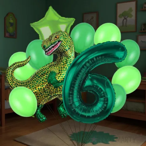 dekoracje na 6 urodziny zestaw balonow dinozaur t rex tyranozaur liczba 6 zielony 9 szt