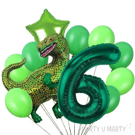 dekoracje na 6 urodziny zestaw balonow dinozaur t rex tyranozaur liczba 6 zielony 9 szt