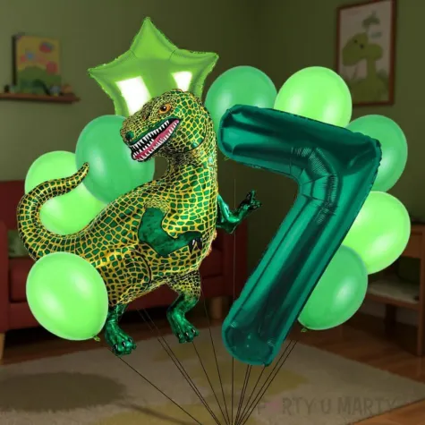 dekoracje na 7 urodziny zestaw balonow dinozaur t rex tyranozaur liczba 7 zielony 9 szt