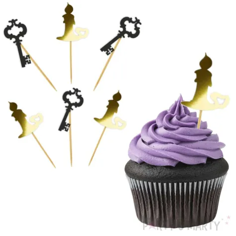 dekoracje na andrzejki pikery ozdobne na muffinki klucz i swieca czarno zlote 6 szt