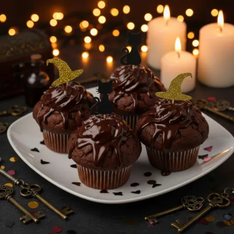 dekoracje na andrzejki pikery ozdobne na muffinki kot i kapelusz czarownicy czarno zlote 6 szt