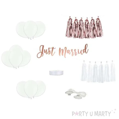 dekoracje na samochod just married rozowe zloto partydeco zestaw