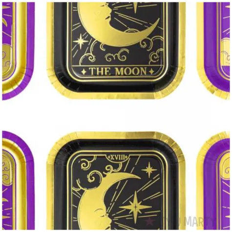 dekoracje stolu na andrzejki talerzyki papierowe astrologia metaliczne 20x15 cm 6 szt